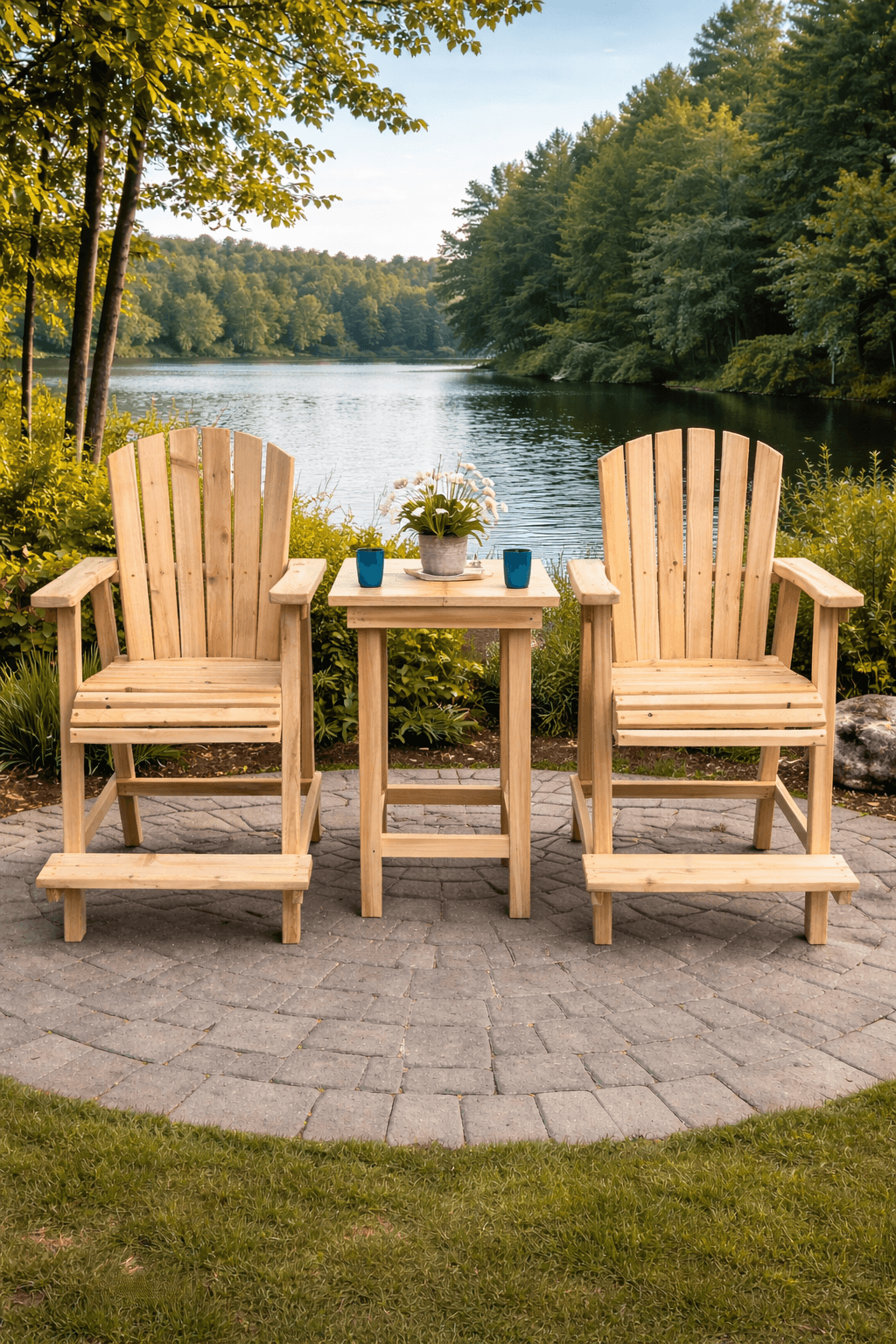 Pair of handcrafted wood balloon-back chairs with footrests flanking a matching side table, set on a lakeside patio