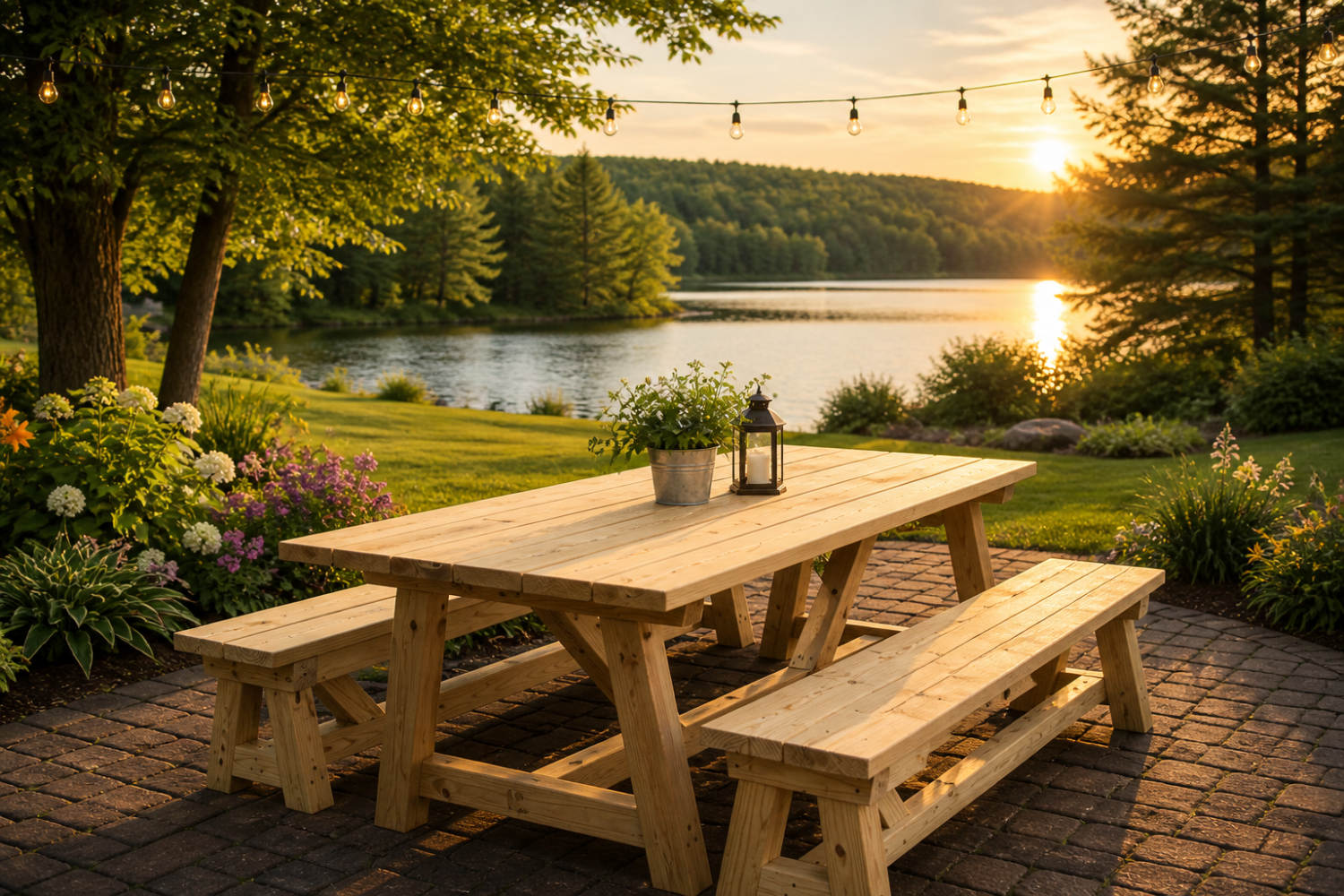 Rustic wood picnic table with attached benches, set on a patio overlooking a lake at sunset with string lights
