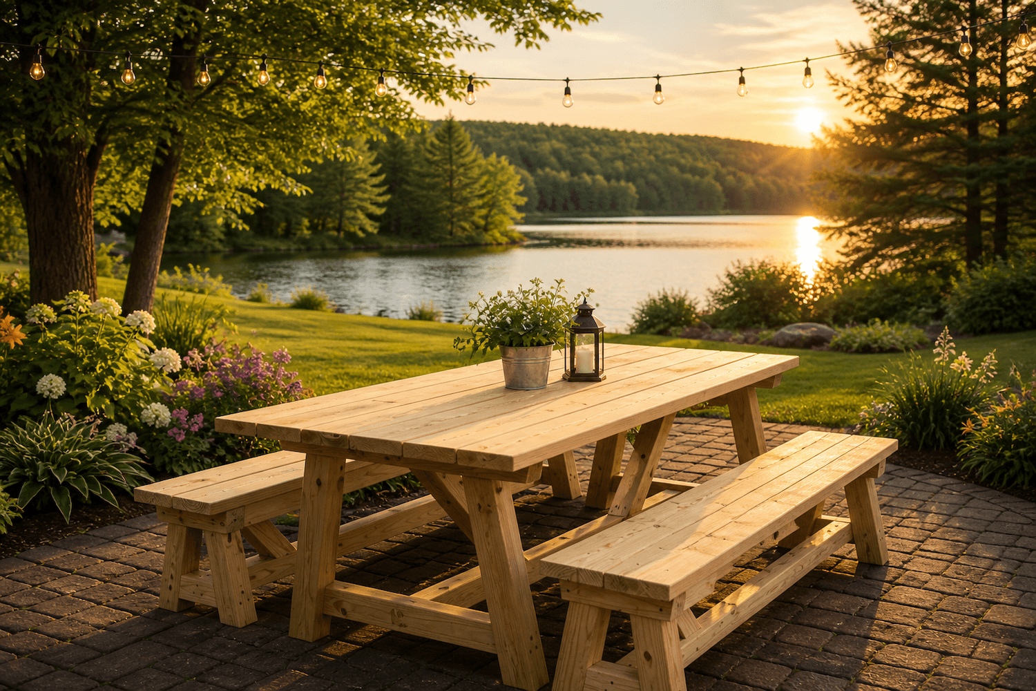 Solid wood picnic table in a grassy backyard