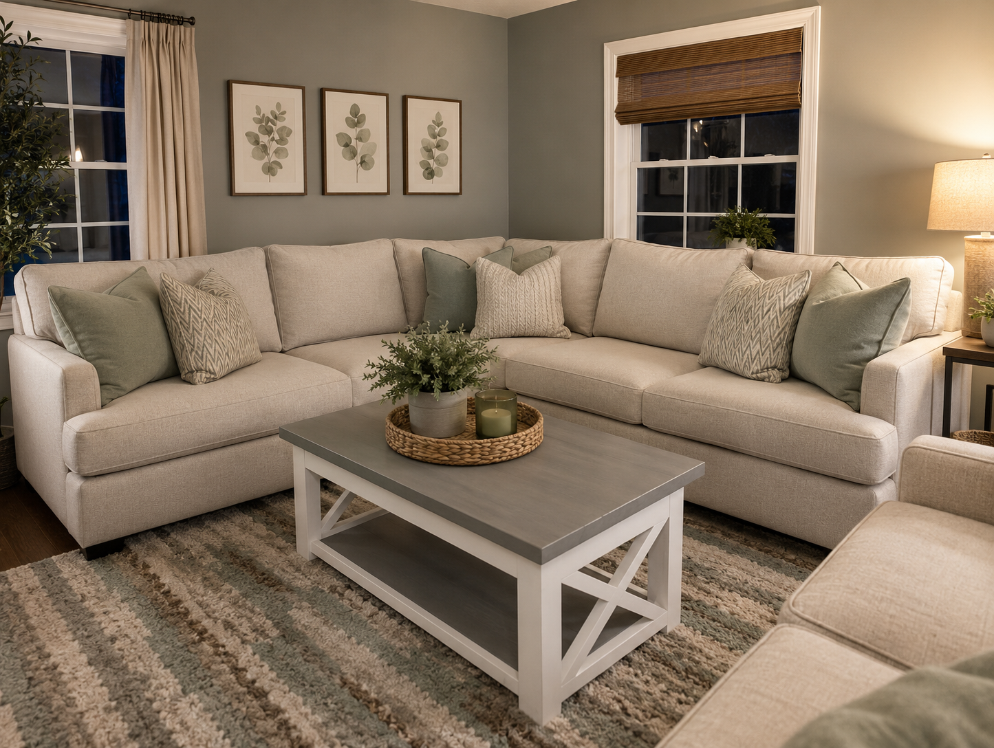 White and gray farmhouse-style coffee table with X-frame base and lower shelf, in a cozy living room with a beige sectional