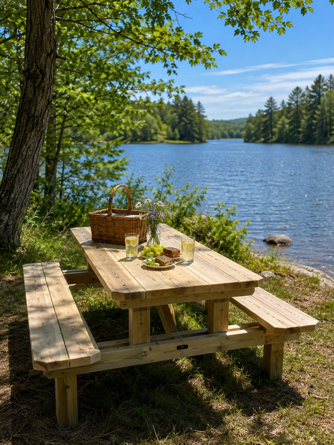 Wooden picnic table with attached benches set beneath shady trees at a lakeside, styled with a picnic basket, lemonade, grapes, and sandwiches.
