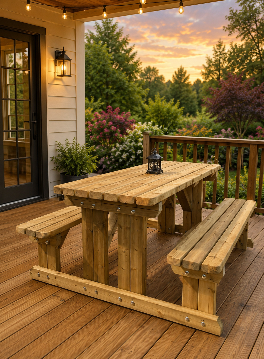 Wooden picnic table with attached benches on a covered deck at sunset, strung with string lights and surrounded by a garden setting.